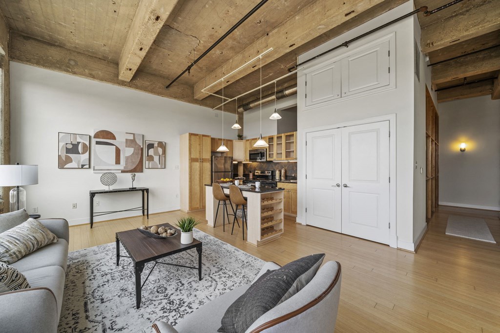 a living room with a couch and a table