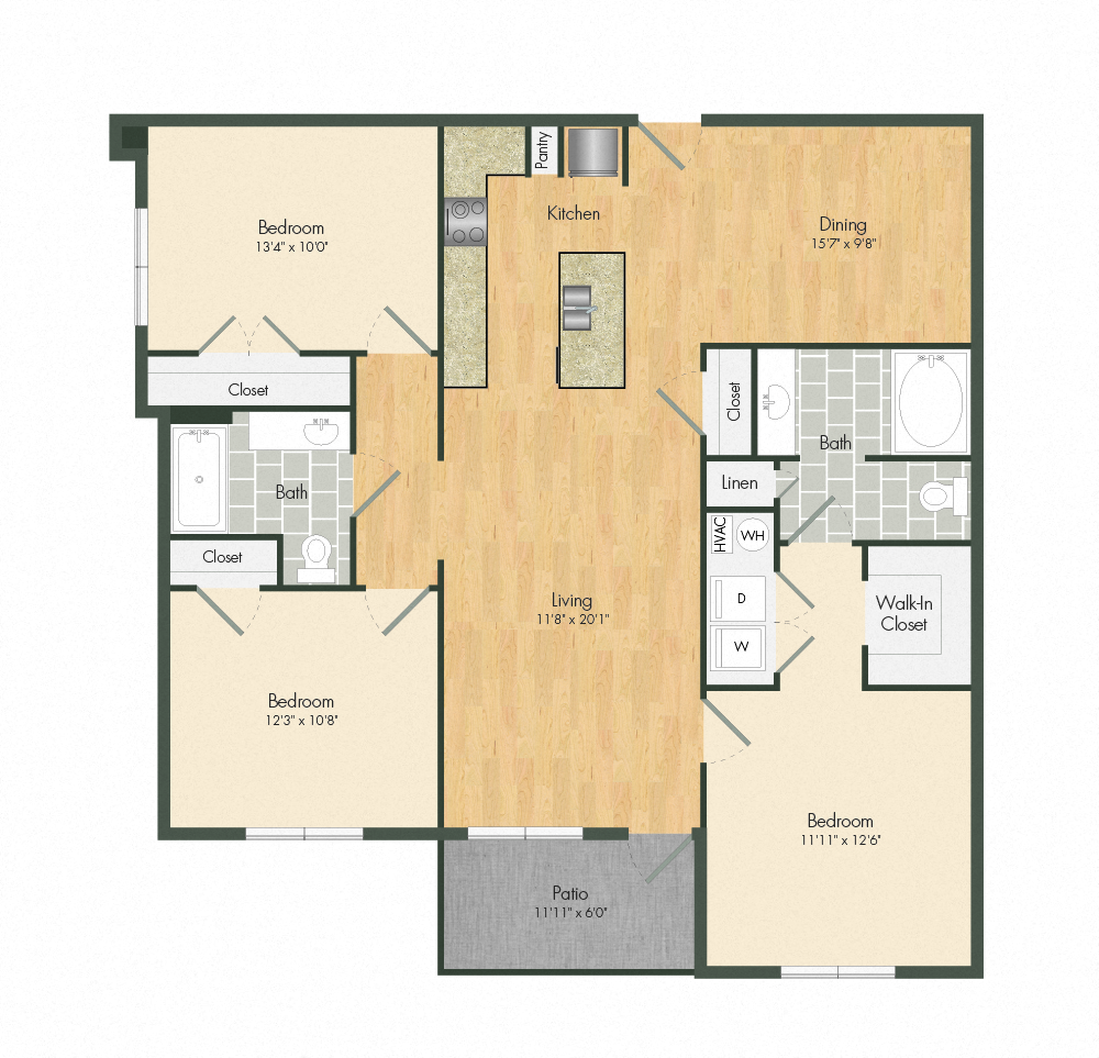 three bedroom 2 bath apartment usm hattiesburg at The Met Apartment Homes, Hattiesburg