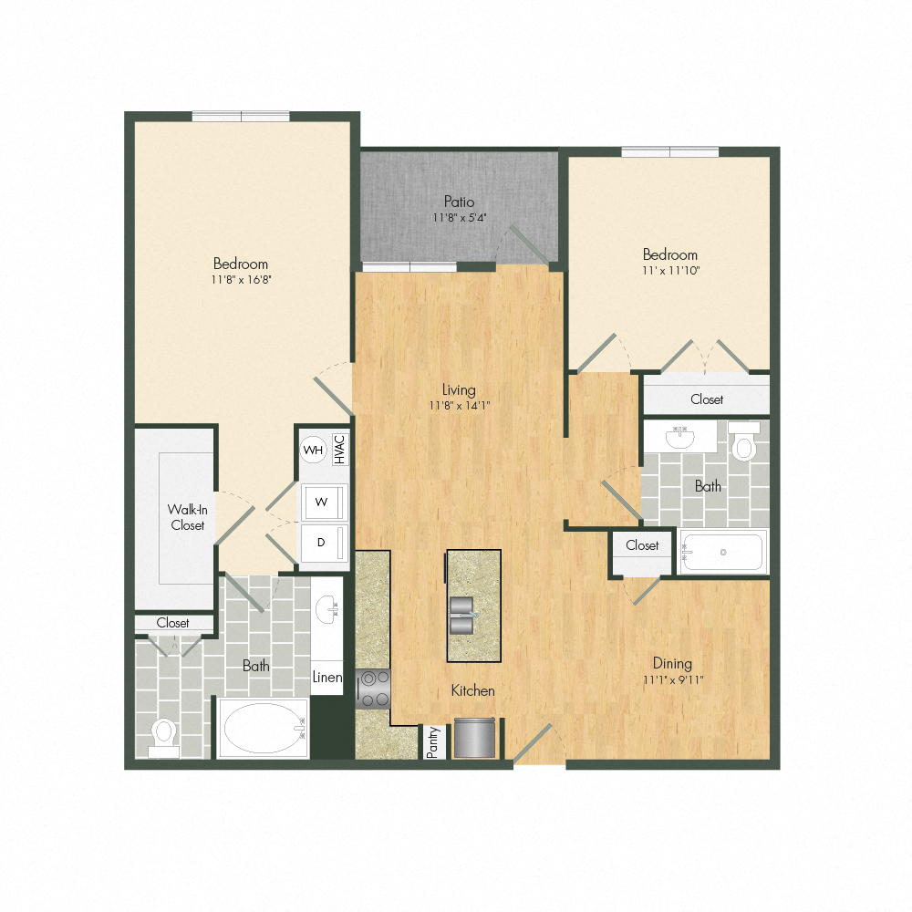 2 bedroom 2 bath floor plan at The Met Apartment Homes, Hattiesburg, MS