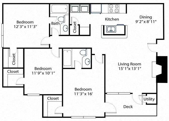 chestnut floor plan - 3 bedroom 2 baths