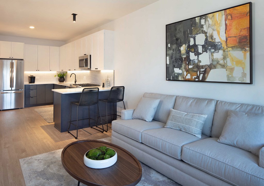 Living Room With Kitchen View at North+Vine, Illinois, 60610