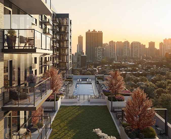 Looking out of a balcony at the pool and Chicago skyline at North+Vine, Chicago, Illinois