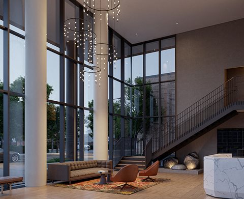 Spacious Lobby Area at North+Vine, Chicago, IL
