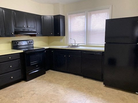 A kitchen with black cabinets and a black refrigerator.