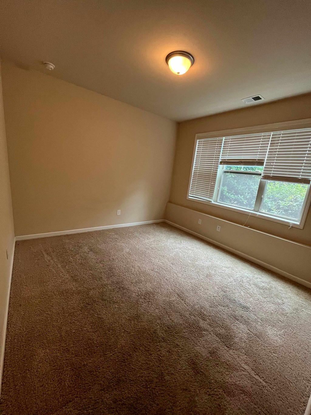 a bedroom with a large window and a carpeted floor
