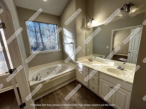 a bathroom with a jacuzzi tub and two sinks
