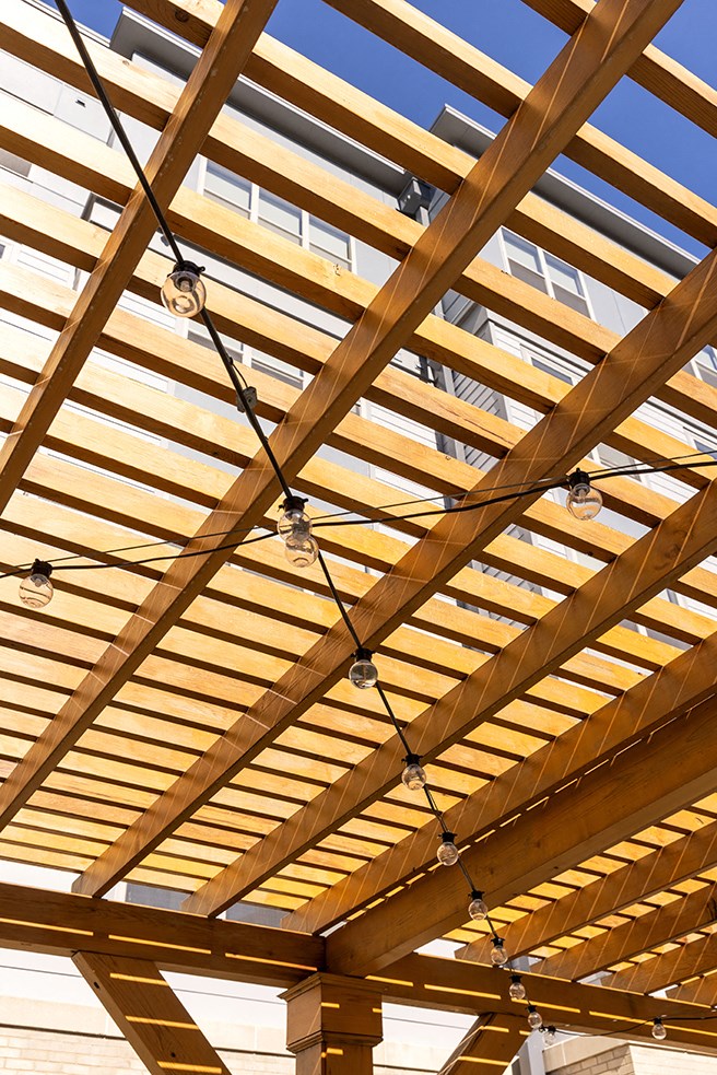 awning of a building with lights hanging from the ceiling