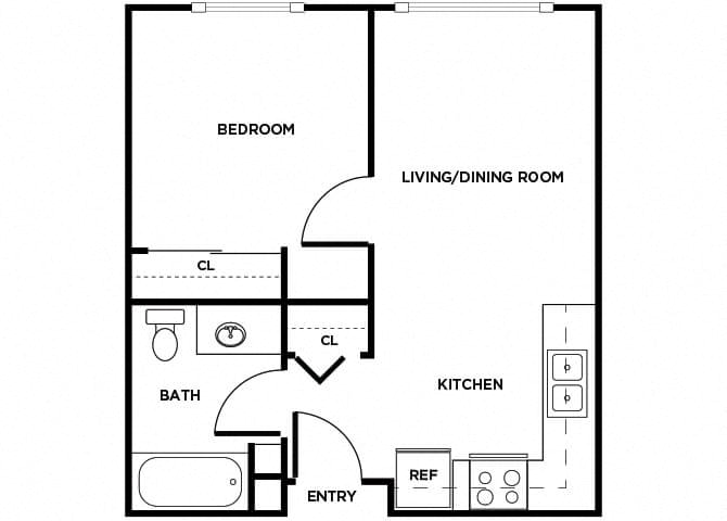 One bedroom one bathroom floor plan image at Cedar Park in Seattle WA