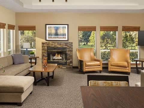a living room with a couch and chairs and a fireplace