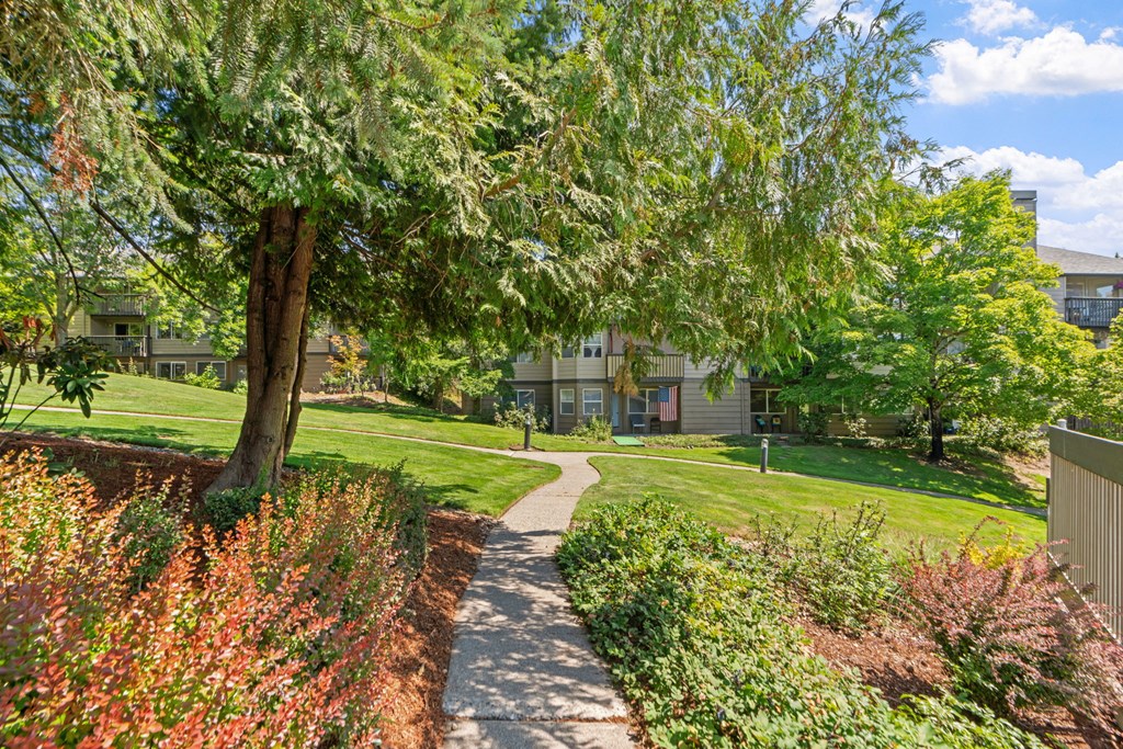 a walkway through a park in front of a building