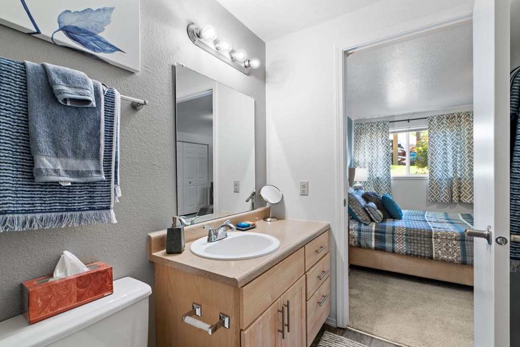 a bathroom with a sink and a mirror and a bedroom
