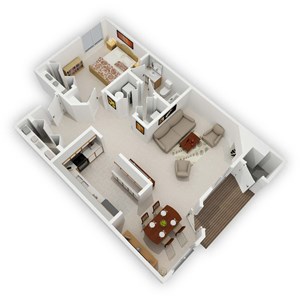 Creekside Apartments - One Bedroom Floor Plan (3D)