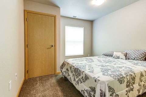 a bedroom with a bed and a closet