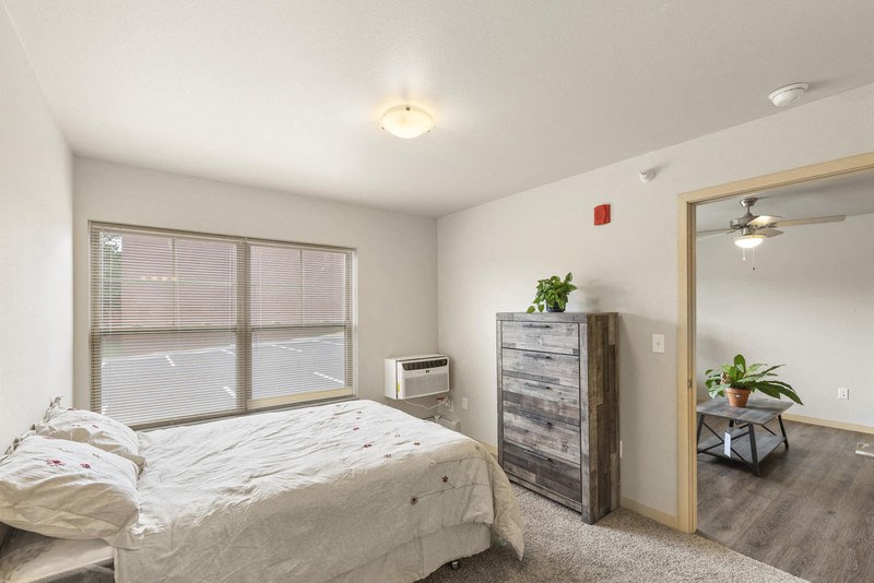 a bedroom with a bed and a dresser and a window