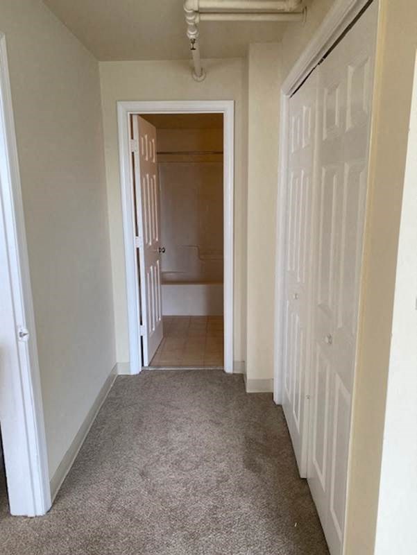 a hallway with a closet and a door to a bathroom