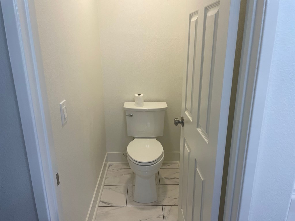 a bathroom with a toilet and a roll of toilet paper