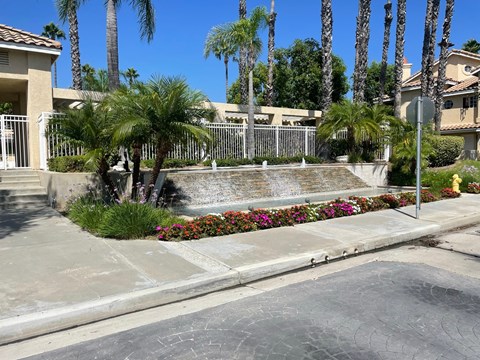 a fountain in the middle of a street with palm trees