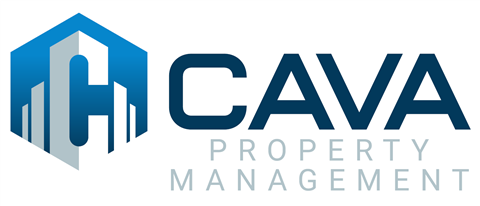 the logo for cava property management with the word cava in blue and a