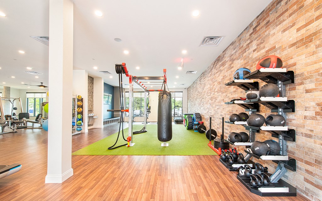 a gym with a punching bag and weights on the wall