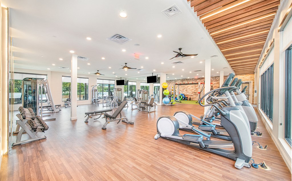 the gym has plenty of cardio equipment and glass windows