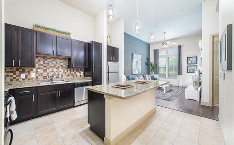 a kitchen with black cabinets and a counter top