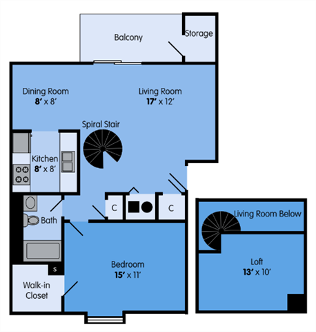 THE ASH LOFT Floor Plan at Woodbridge Apartments, Louisville, KY, 850 Sq. Ft.