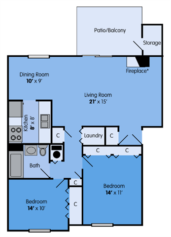 THE ASPEN Floor Plan at Woodbridge Apartments, Louisville, 1064 Sq. Ft.