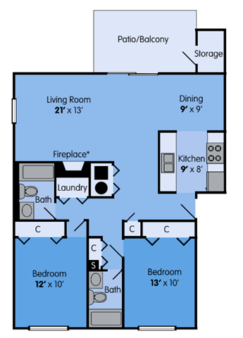 THE ELM Floor Plan at Woodbridge Apartments, Kentucky, 1050 Sq. Ft.