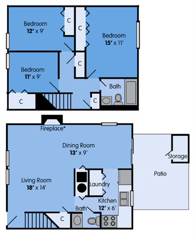 THE MAGNOLIA Floor Plan at Woodbridge Apartments, Louisville, KY, 40242, 1180 Sq. Ft.