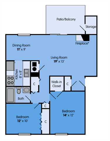 THE OAK Floor Plan at Woodbridge Apartments, Louisville, Kentucky, 900 Sq. Ft.