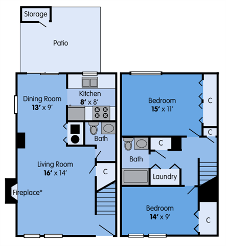 THE SYCAMORE Floor Plan at Woodbridge Apartments, Kentucky, 40242, 1020 Sq. Ft.