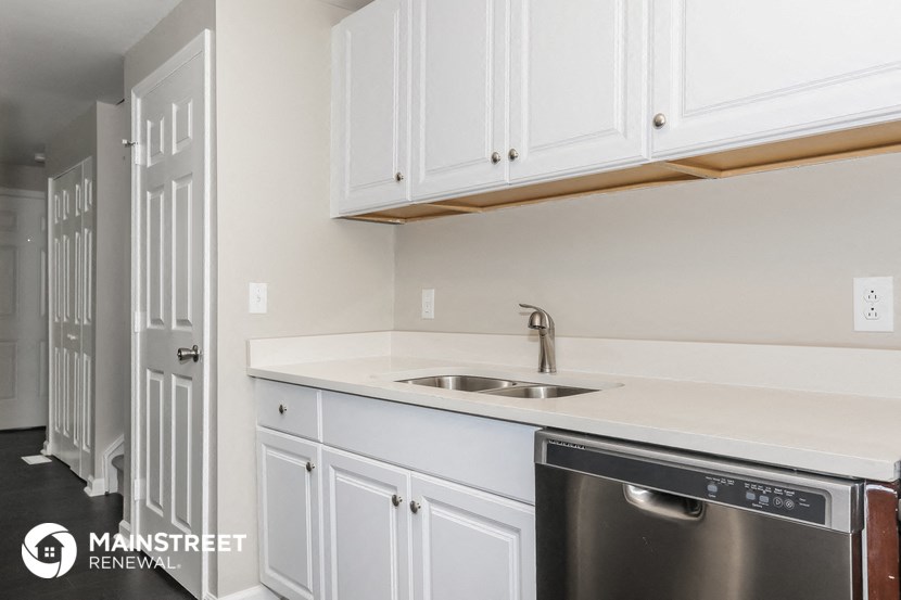 a kitchen with white cabinets and a stainless steel dishwasher   and a door