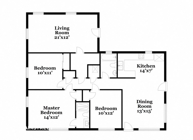 a floor plan of a house with bedrooms and a kitchen and a living room