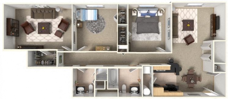 a 3d floor plan of a house with a bedroom and a living room