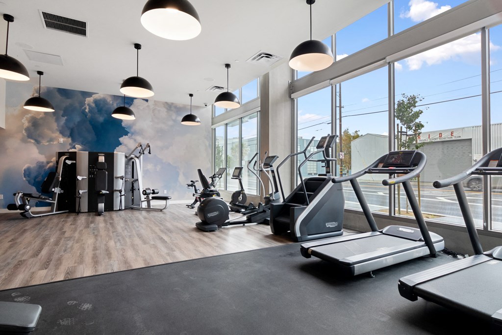a gym with treadmills and other exercise equipment and windows with a sky mural