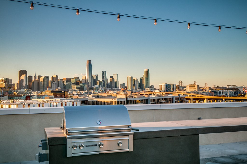 a stainless steel grill with a city skyline in the background