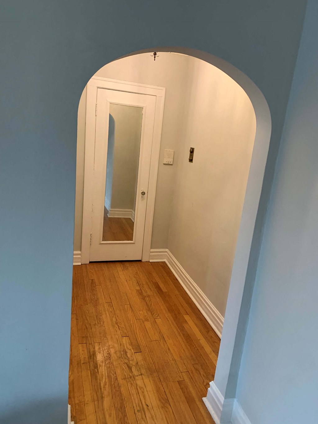 an arched doorway into a room with a door to a closet