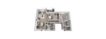 Pine 2-bed, 2-bath floor plan layout at Pointe Lake at Crabtree