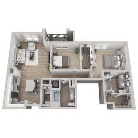 Pine 2-bed, 2-bath floor plan layout at Pointe Lake at Crabtree