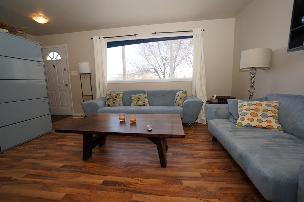 a living room with two couches and a coffee table