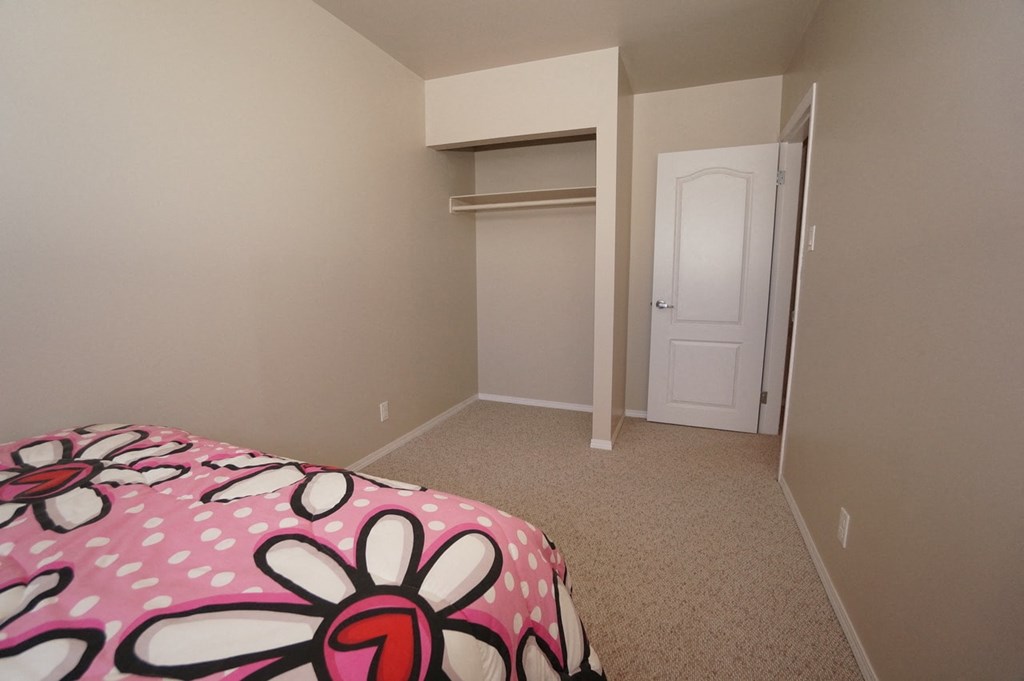 a bedroom with a large closet and a bed in it