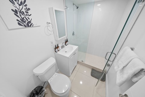 a white bathroom with a sink toilet and shower