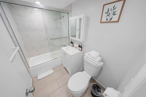 a bathroom with a toilet and a shower