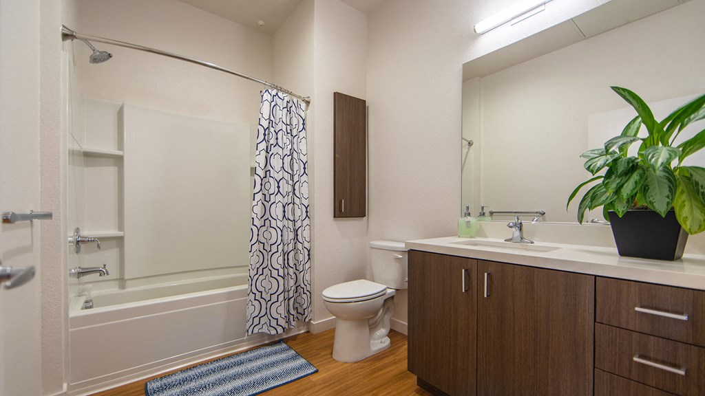 a bathroom with a shower toilet and sink and a potted plant