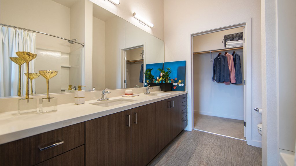 a bathroom with two sinks and a large mirror