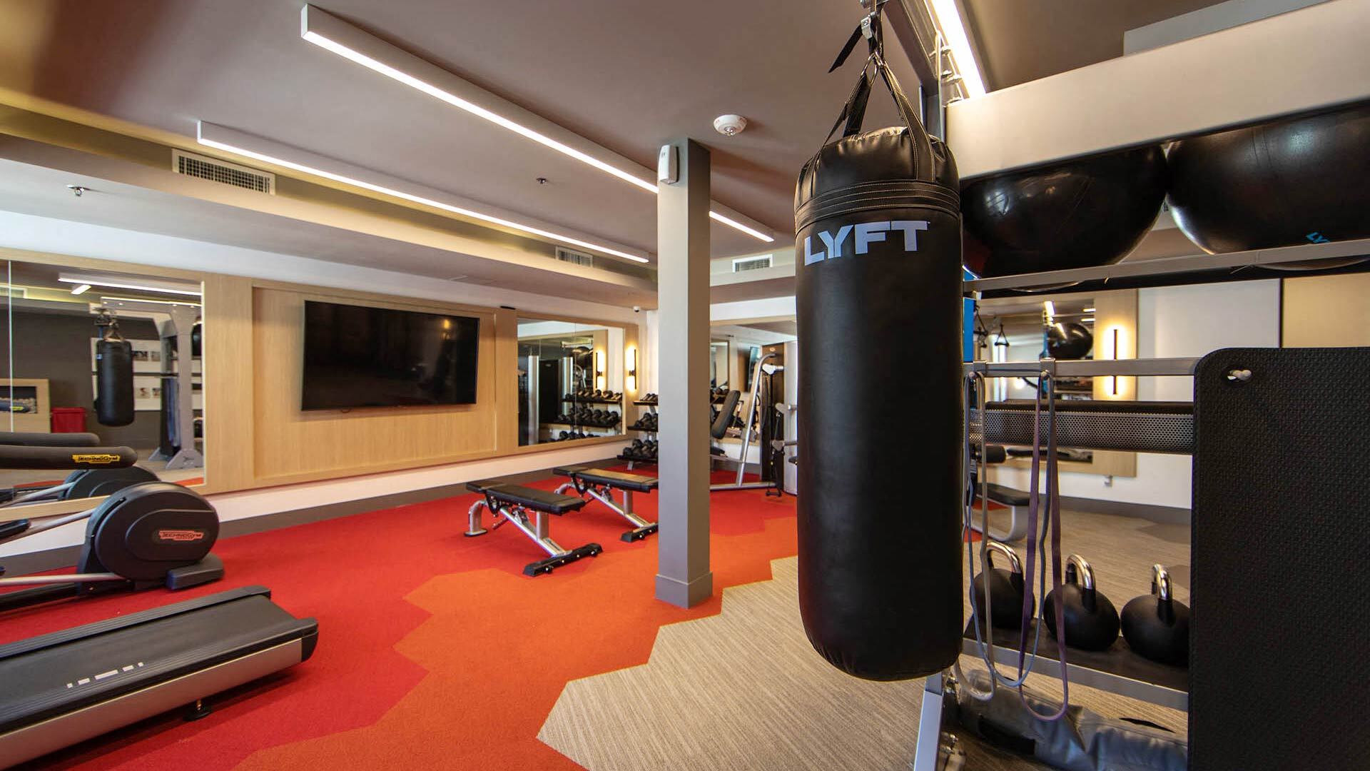 the gym has a punching bag hanging from the ceiling