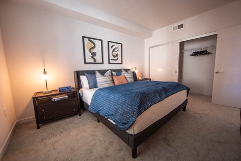 a bedroom with a large bed and a closet