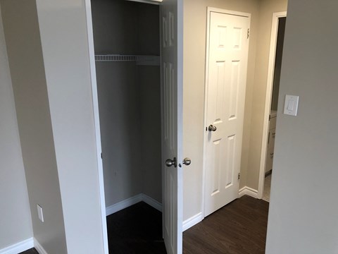 a room with a door and a hallway with a closet