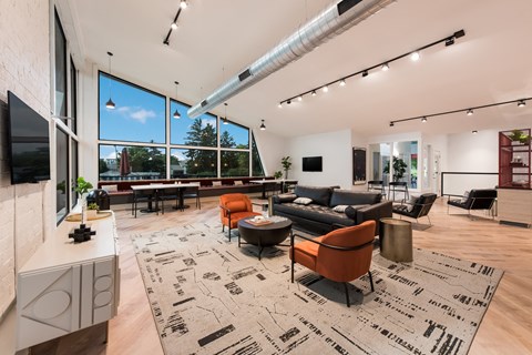 A modern living room with a large rug and a flat screen TV.
