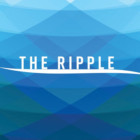 A blue geometric patterned background with the text "THE RIPPLE" in white.